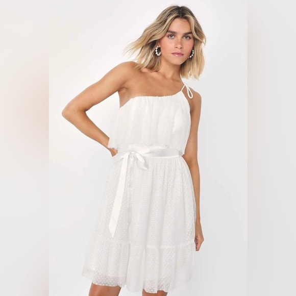 NWT LULU’S Large Adorable Event White Mesh One-Shoulder Swiss Dot Mini Dress - Picture 1 of 10